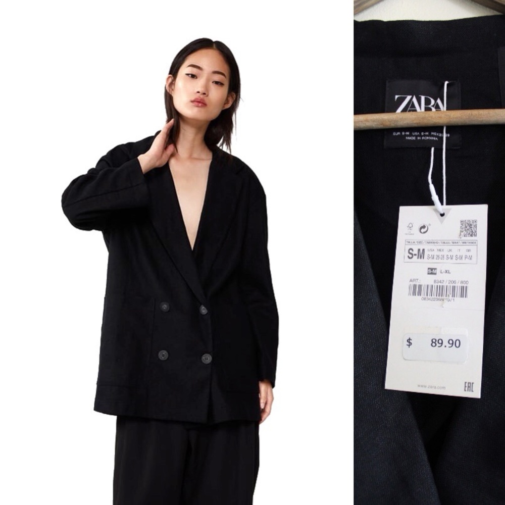 Zara NWT Oversized Linen Blend Blazer Black S M